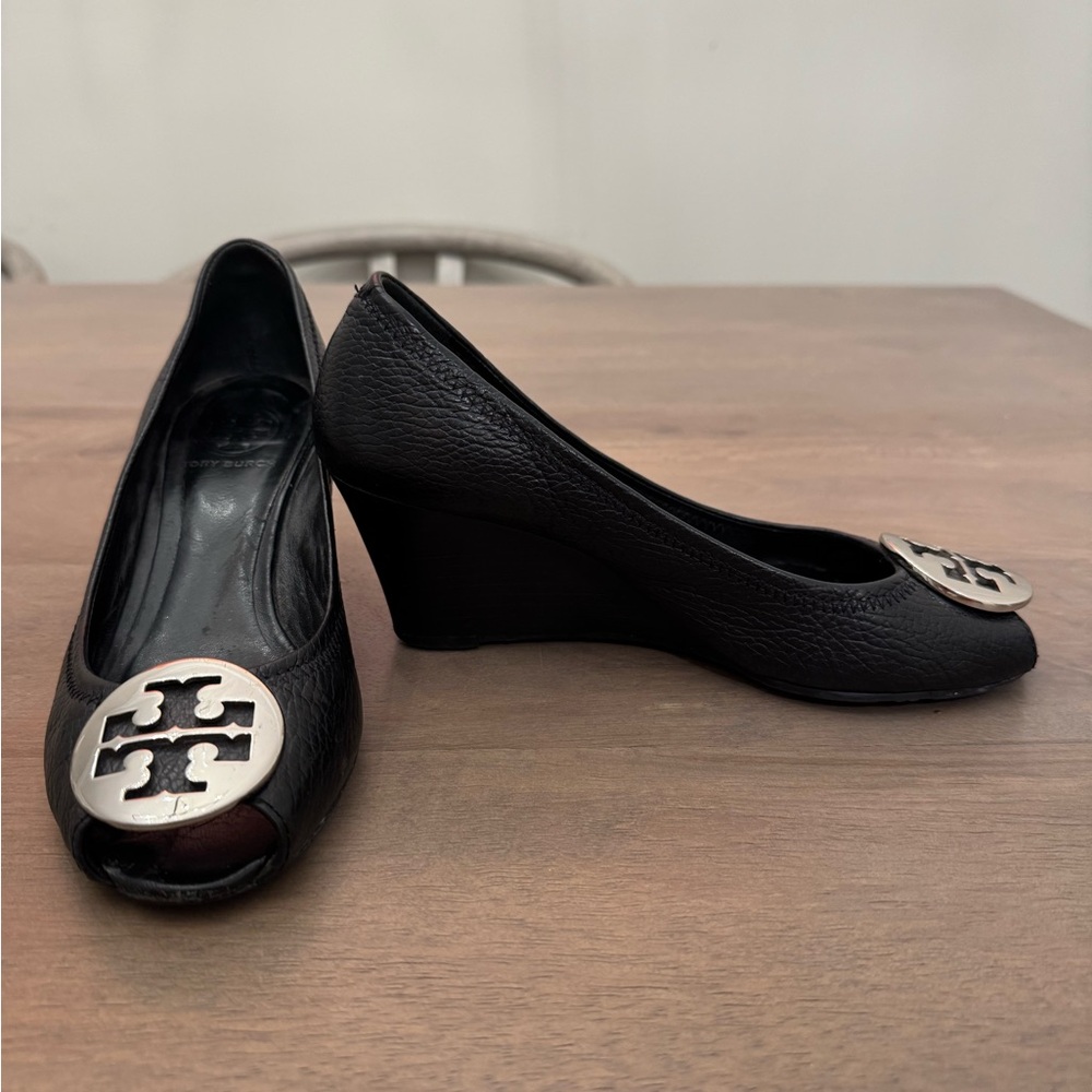 Tory Burch Black Leather Wedge Shoes